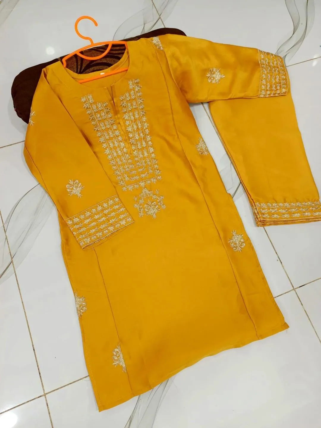 Girls Shamoz Silk Kurta Shalwar Set Yellow Golden Embroidery