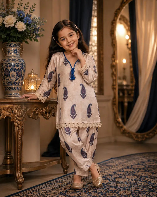 Girl's Silk Kurta and Trouser Set - 2 Pcs
