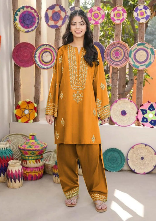 Girls Shamoz Silk Kurta Shalwar Set Yellow Golden Embroidery