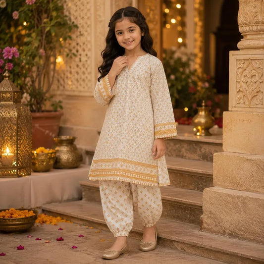 Charming Girls' Cotton Printed Kurta and Shalwar - 2 Pcs Ivory Set