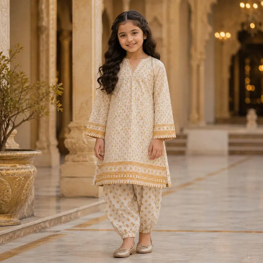 Charming Girls' Cotton Printed Kurta and Shalwar - 2 Pcs Ivory Set