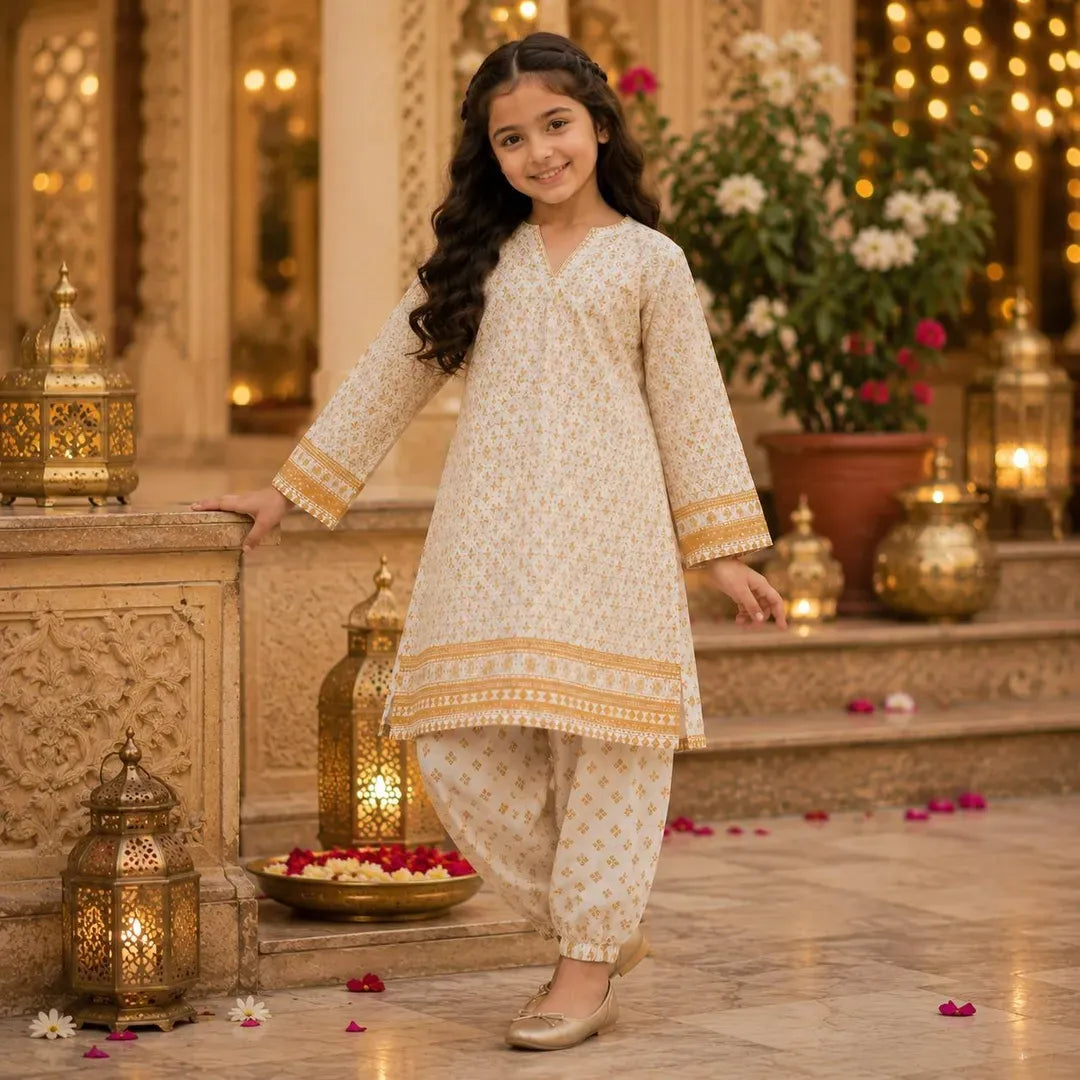 Charming Girls' Cotton Printed Kurta and Shalwar - 2 Pcs Ivory Set
