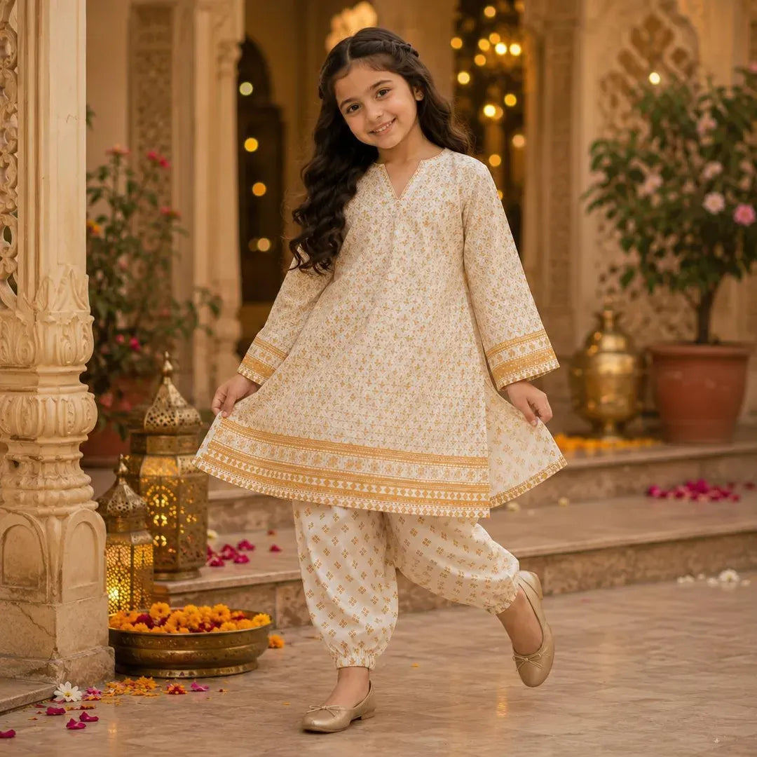 Charming Girls' Cotton Printed Kurta and Shalwar - 2 Pcs Ivory Set