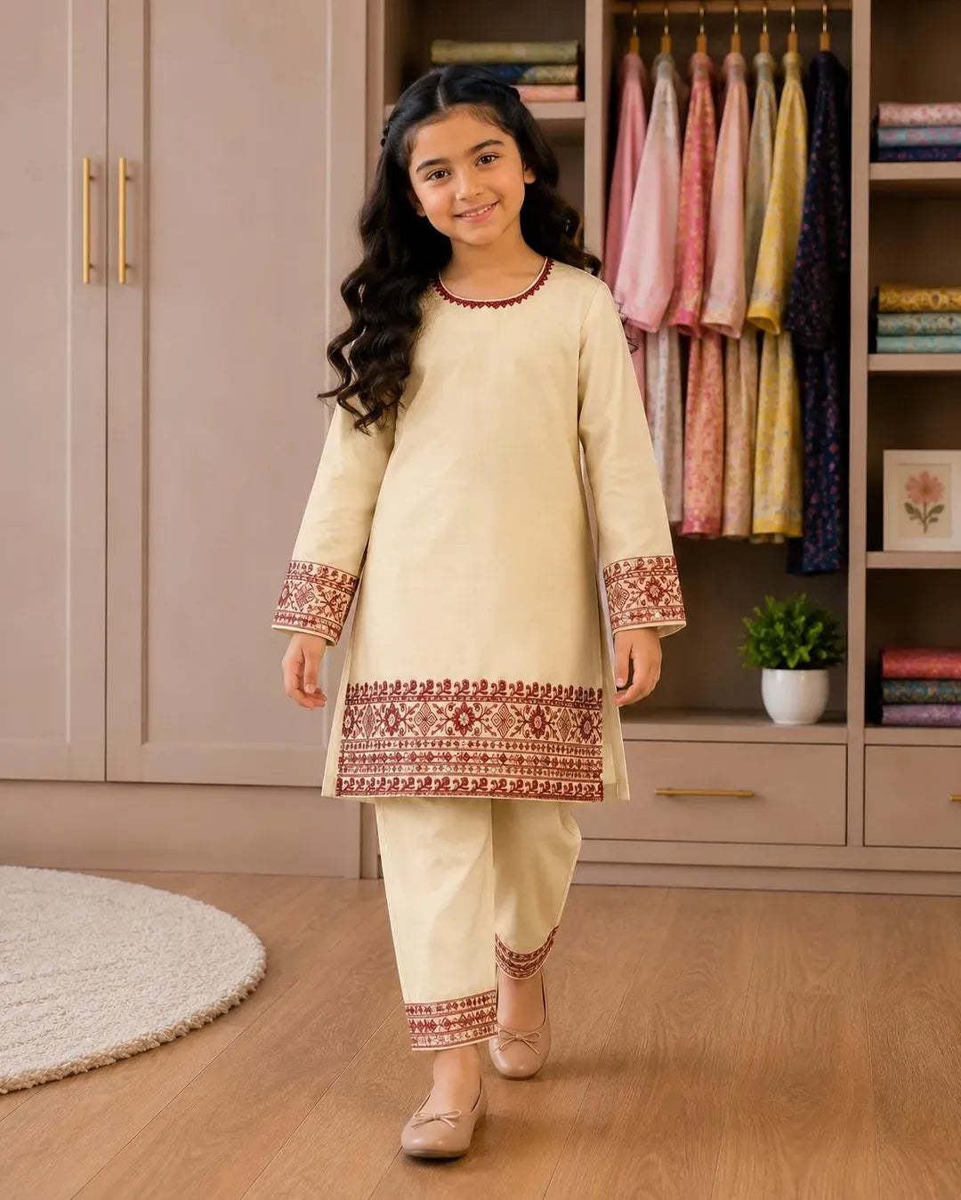 Charming Girl's Cotton Kurta and Trouser Set - 2 Pcs