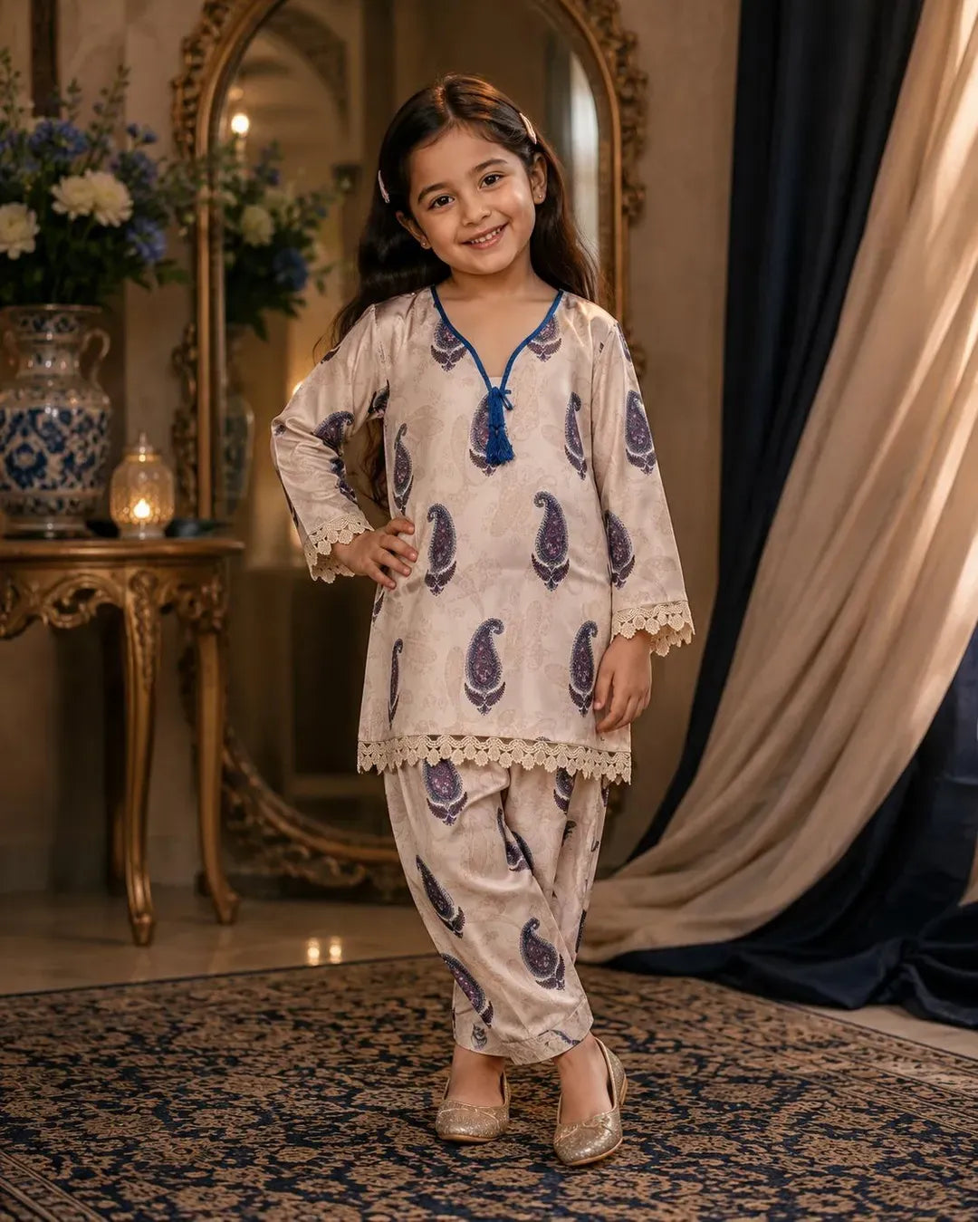 Girl's Silk Kurta and Trouser Set - 2 Pcs