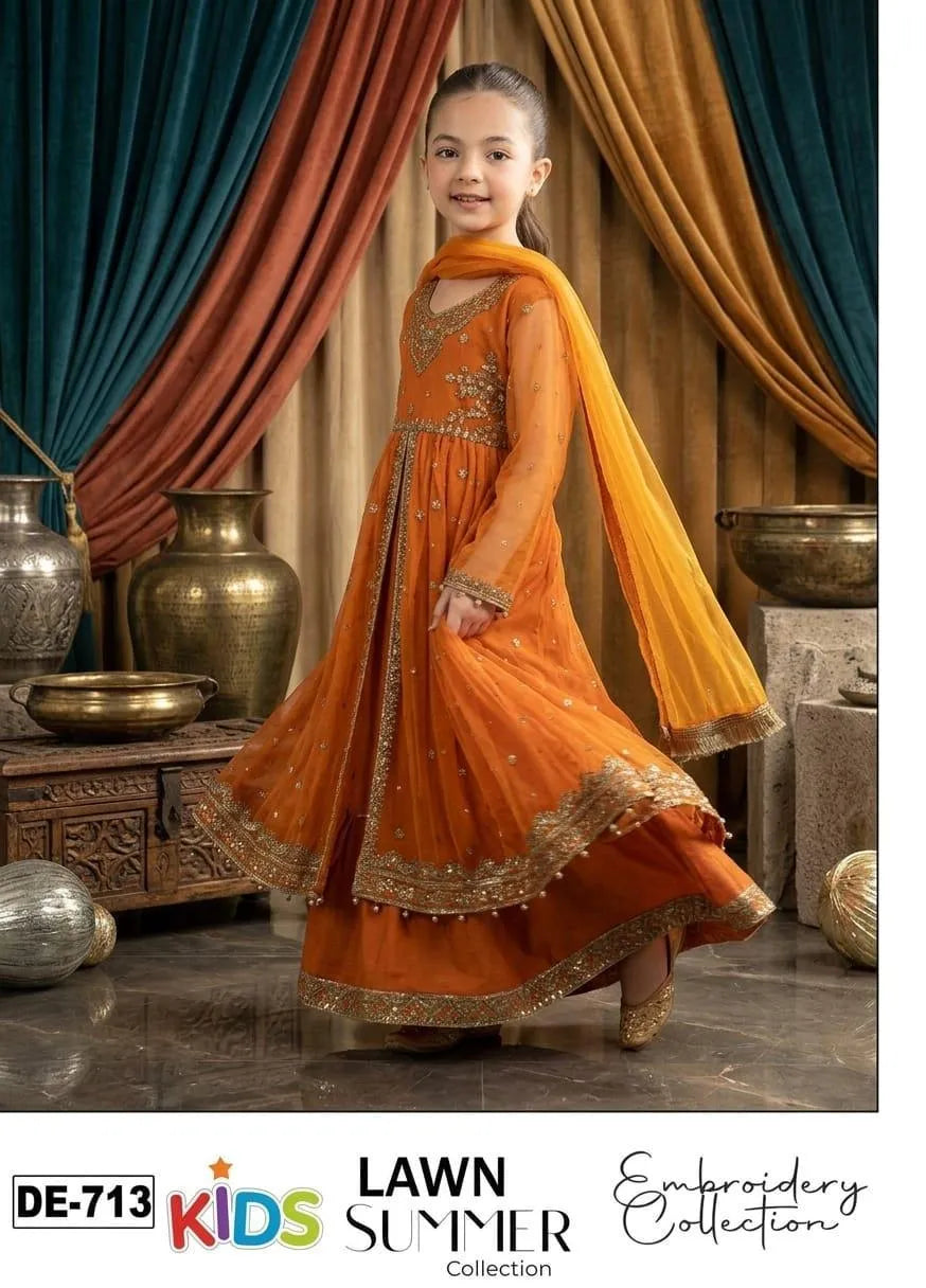 Orange Lawn Embroidered Kids Suit 3Pcs 3-10Yrs