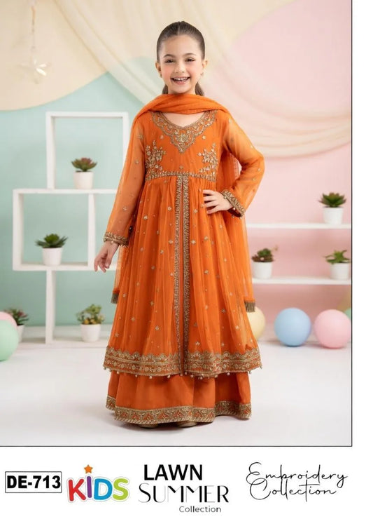 Orange Lawn Embroidered Kids Suit 3Pcs 3-10Yrs