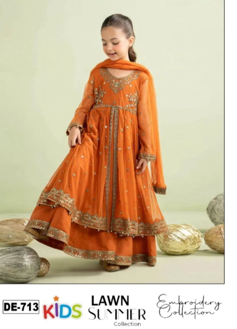 Orange Lawn Embroidered Kids Suit 3Pcs 3-10Yrs