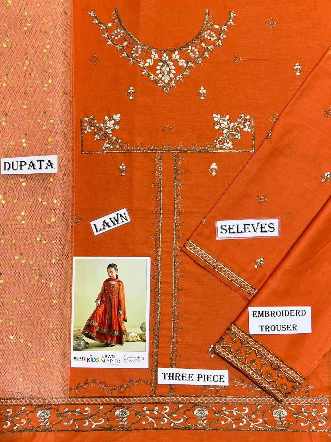 Orange Lawn Embroidered Kids Suit 3Pcs 3-10Yrs